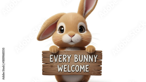 Cute bunny holding welcome sign with playful expression