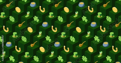 Colorful St. Patrick's Day isometric icons loop animation on dark green geometric background