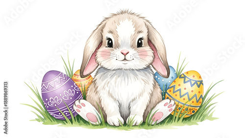Cute Easter bunny with colorful eggs in grass