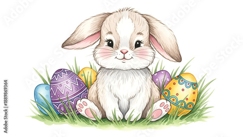 Cute Easter bunny with colorful eggs in grass