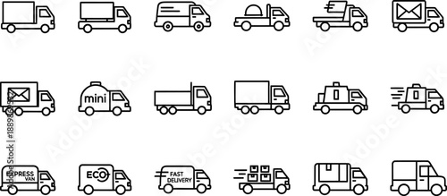 Delivery trucks and vans icons: a comprehensive set for express, eco, and standard shipping services, featuring various vehicle types.