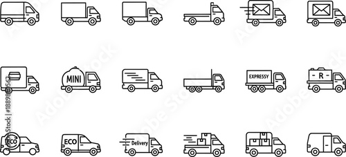 Delivery vehicle icons set: diverse collection of trucks and vans for express, eco, and general shipping purposes, simple line illustrations.