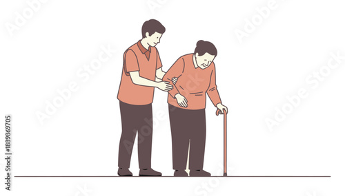 Young man helping older woman walk with walking stick support on a plain white background illustration