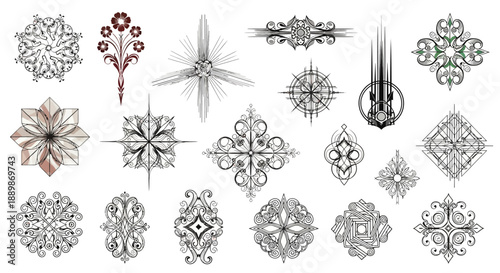 Assortment of handcrafted ornamental designs, ideal for creative artistic embellishments on white