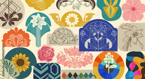 Floral tapestry with vintage aesthetic showcasing diverse blossoms and botanical patterns in a