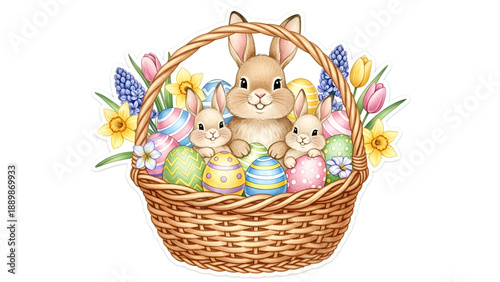 Adorable Easter bunnies in colorful basket with eggs and flowers