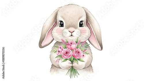 Adorable bunny holding pink roses bouquet