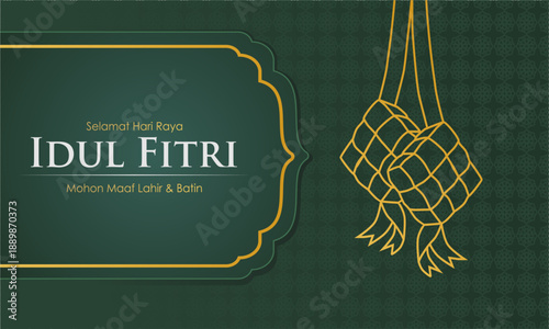 Idul Fitri 2026 greeting background featuring hanging ketupat ornament with large copy space. Ideal for Eid Mubarak cards, banners, posters, corporate greetings, and Islamic promotions.