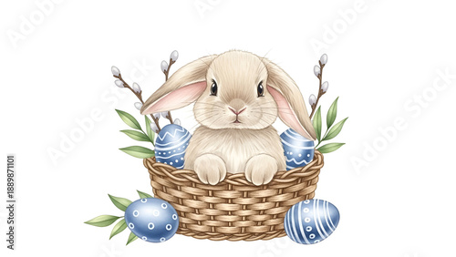 Adorable bunny in basket with Easter eggs and spring flowers