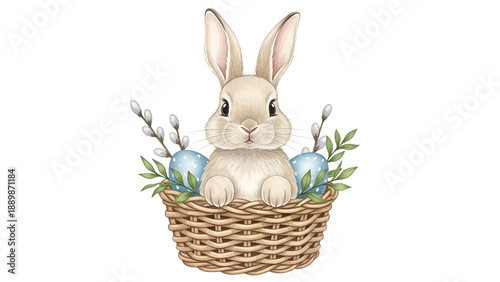 Cute Easter bunny in basket with eggs and greenery