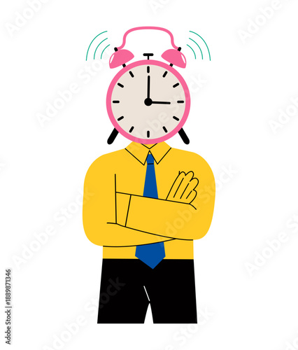 Business man with clock instead of head. Concept time pressure. Flat vector illustration isolated on white background
