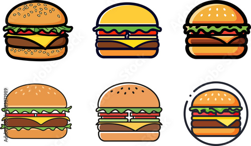 Set of six flat design hamburger icons with different topping arrangements and patty layers, perfect for fast food menus and culinary graphics