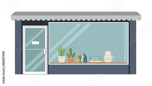 Small shop storefront with awning glass door plants books and vase inside a clean window display