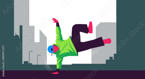 Dynamic illustration of a skilled breakdancer executing an impressive freeze move in an urban street environment, embodying energetic hip-hop culture and modern street art