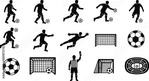 Sport of soccer (football) players in action, a soccer ball, a goal net, a scoreboard, and a referee, players kicking a ball, a goalkeeper diving, and cheering fans.. 