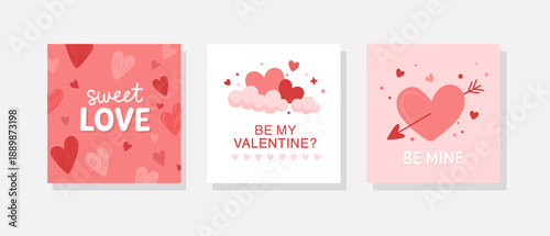 Cute Valentine’s Day greeting cards set with hearts, love messages and romantic symbols. Flat vector illustrations in pink and red colors for holiday cards, posters, social media and prints.