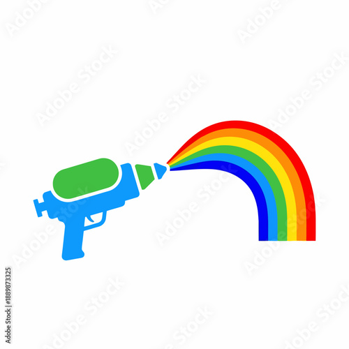 A blue and green toy water gun shooting a vibrant, colorful rainbow arc against a clean white background.