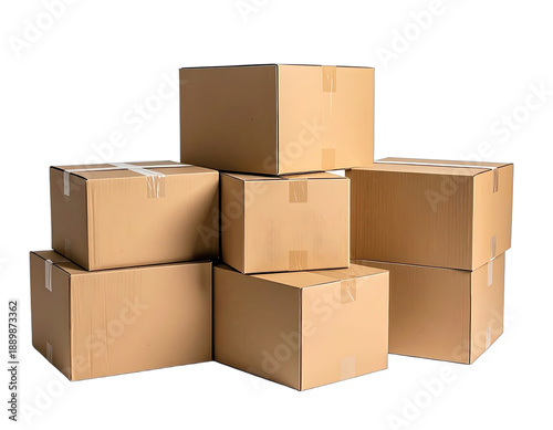 Stacked cardboard boxes of various sizes, taped and ready for shipping or moving