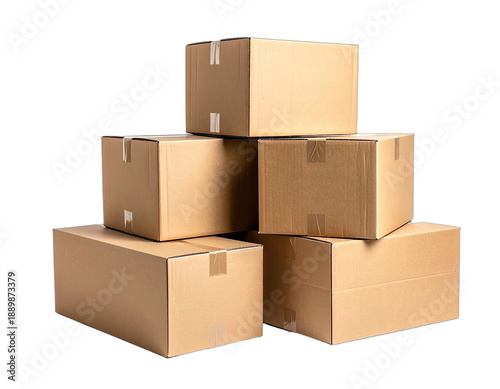 A stack of six cardboard boxes of various sizes isolated against a solid black background