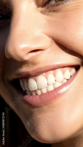A luminous close-up captures a person's authentic, joyful smile, revealing perfectly white, healthy teeth and lustrous lips under bright natural light. The detail extends to sparkling brown eyes and s