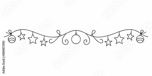 Black and white illustration of a festive garland with stars and baubles