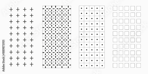Abstract patterns of plus signs and dots arranged in rectangular grids