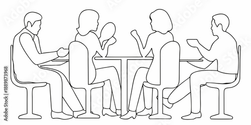 Fotografi Line drawing of six people seated around a square table