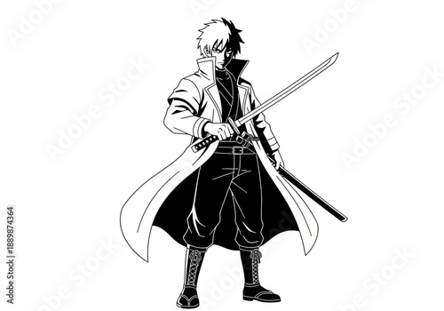 Anime character illustration with dual toned appearance holding a katana sword in a powerful stance with a confident expression.