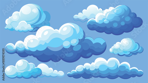 Realistic vector illustration of fluffy clouds against a blue sky, showcasing various shapes and sizes..eps