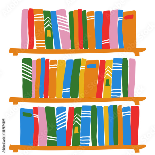 Flat vector illustration of a colorful bookshelf filled with books. Hand drawn modern artwork for education projects, reading themes, home decor graphics, posters, and editorial design.