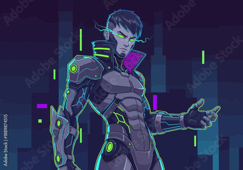 Futuristic cyberpunk character with glowing green eyes and advanced armor standing against a dark cityscape background with neon lights