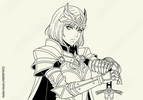 Female knight in armor holding a sword with a stern expression, showcasing strength and bravery in a detailed black and white illustration.