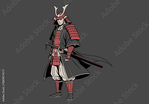 Japanese samurai warrior standing confidently with traditional armor and sword in a dynamic pose showcasing cultural heritage and historical significance.