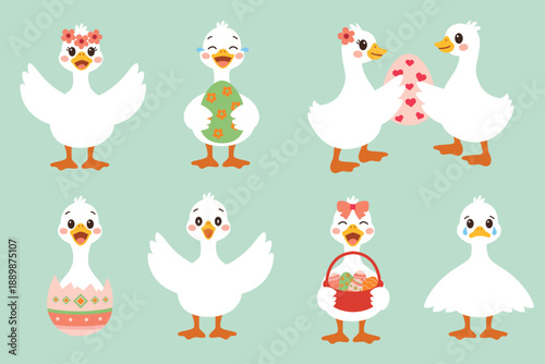 Cute Easter goose characters set in flat vector style Adorable geese with eggs cute vector illustration Goose characters Easter theme flat vector illustration