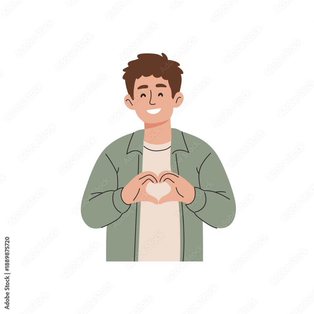 Obraz premium Young man making a heart shape with his hands, flat vector illustration isolated on white background.
