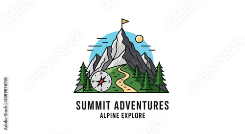 Inspiring mountain peak summit adventure graphic showcasing outdoor exploration emblem design