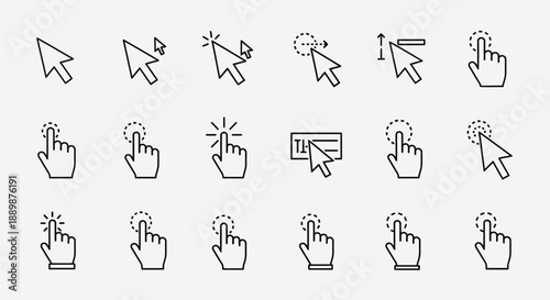 Diverse collection of cursor and hand icons symbolizing computer interaction and selection