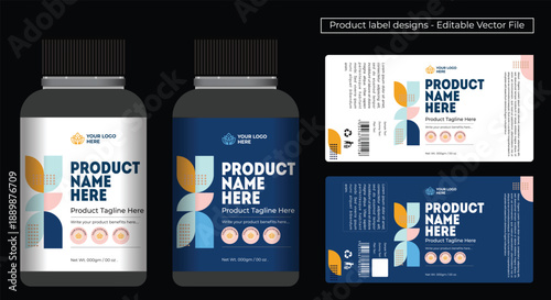 Product label design template, best for jar cosmetic pharma product, multivitamin supplement bottle label design, editable vector file high quality dieline print ready file.