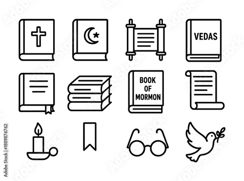 Icon set of religious texts including bible, quran, torah, vedas with candle, glasses, and peace dove