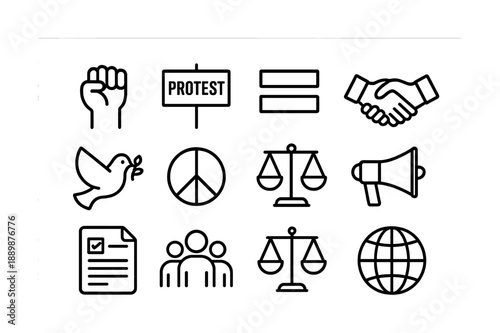 Protest and equality icons: peace dove, justice scale, protest sign, handshake, megaphone, globe
