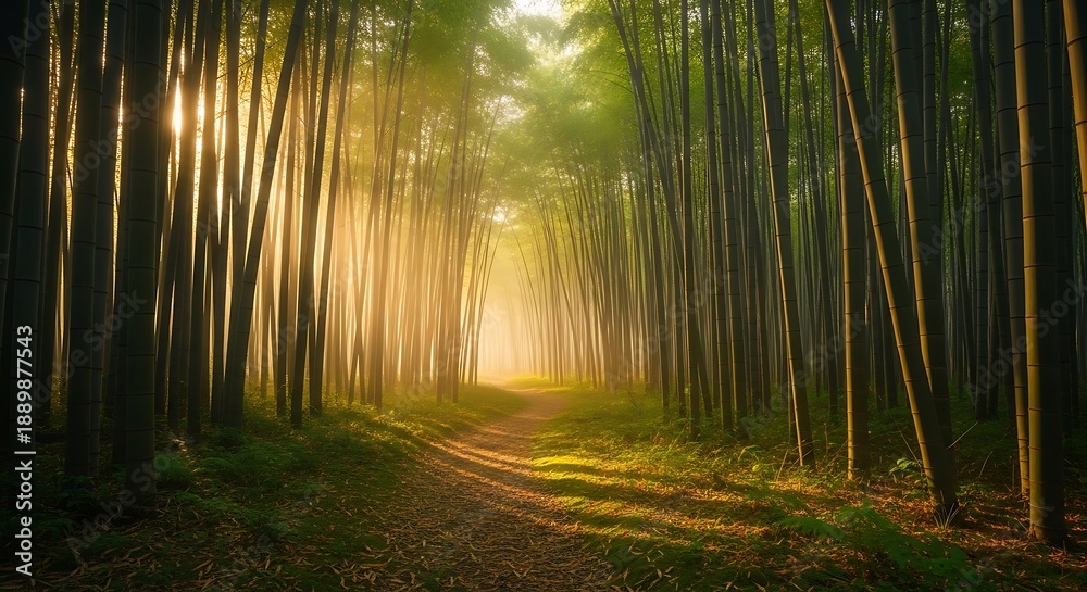 Fototapeta premium Magical Sunlit Forest Path with Golden Rays Streaming Through Tall Trees Creating a Mystical and Peaceful Atmosphere 