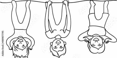 Three children hanging upside down from a rope illustrated in black and white