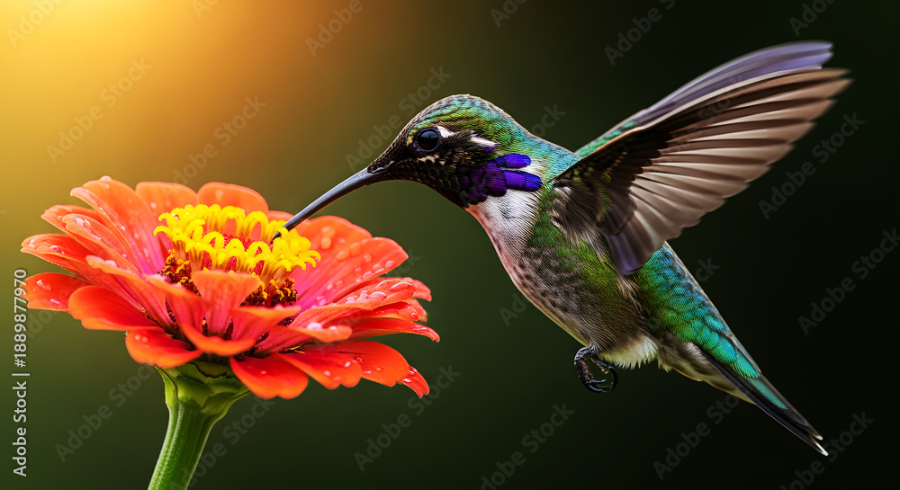 Fototapeta premium vibrant hummingbird feeding on a bright flower, showcasing its colorful feathers