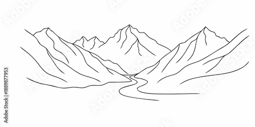 Simple line drawing of mountains and a winding river valley