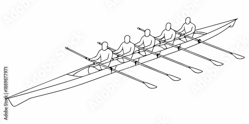 Line drawing of a crew rowing shell with eight rowers
