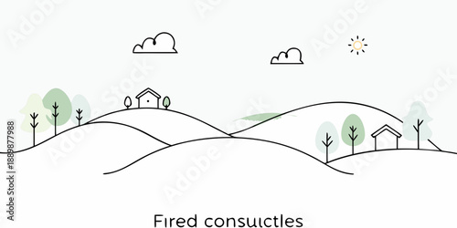 Minimalist landscape illustration featuring a house hills trees and clouds