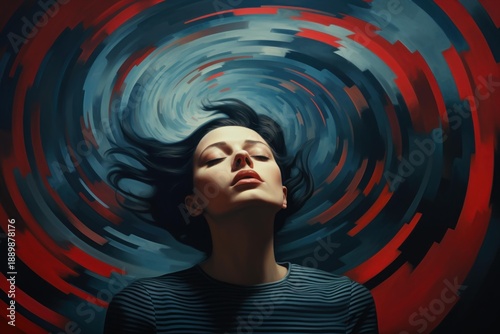 Woman lying with eyes closed, experiencing a psychedelic swirl of colors and abstract thoughts