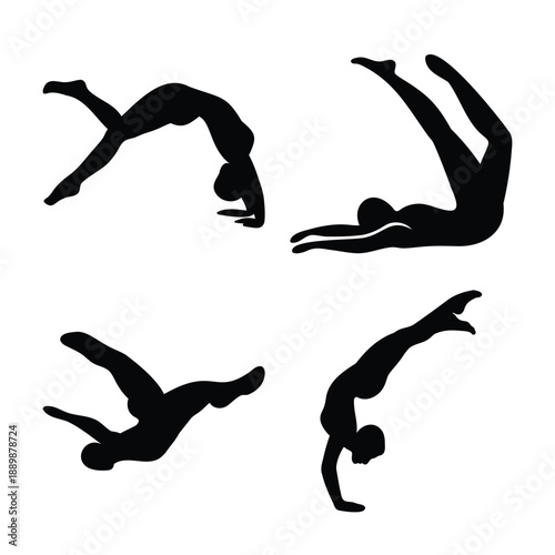Dynamic silhouettes illustrating various gymnastic and acrobatic poses with grace