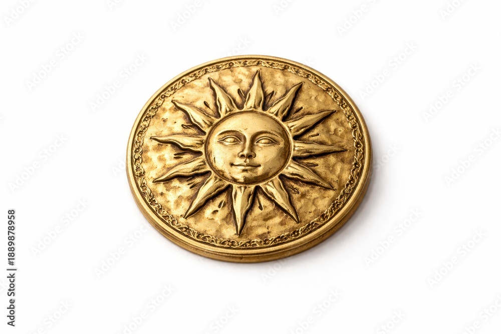 Fototapeta premium Medieval golden sun emblem medallion round hammered gold disk with raised rays studio product photo isolated on white background