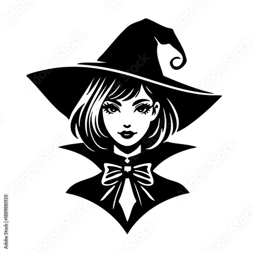 Witch with Bow: Young witch in a pointed hat with a ribbon bow.